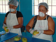 Beneficiaries of the organic agriculture and income generation project preparing fruits for dehydration with solar energy in a furnace built by FAMA in Fundación Sabana Buey, Peravia Province with USAID's support under FIPA